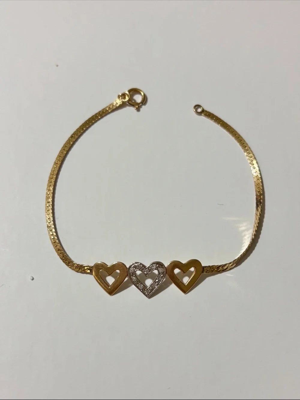 14k Gold Three Heart with diamond Center Bracelet